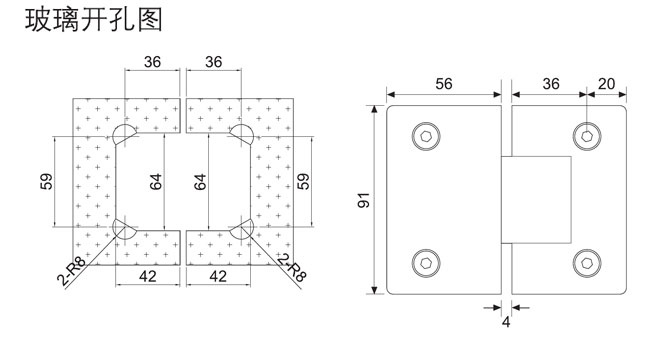 汇泰龙HF-2321-90° 玻璃门合页开孔图