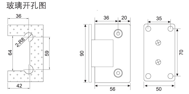 汇泰龙HF-2322-90° 玻璃门合页（双边）开孔图