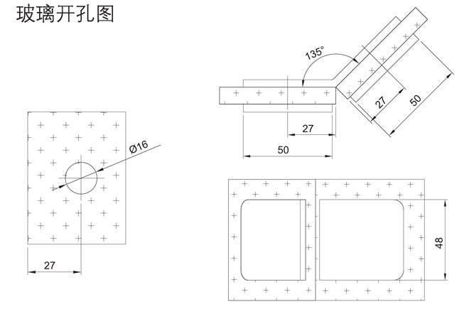 汇泰龙HF-2323-135° 玻璃连接夹开孔图