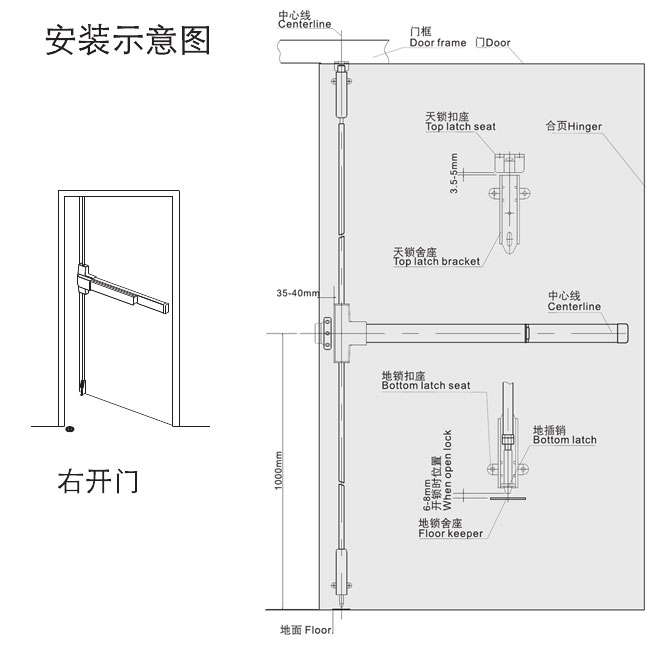 HD-61002推杆放火门锁（天地闩） 安装示意图