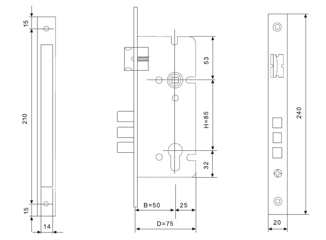 HD-85-50A大门锁锁体 结构图例
